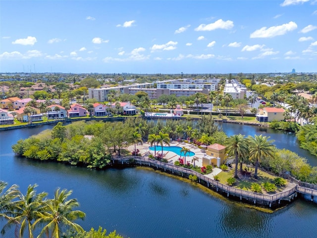 aerial view featuring a water view