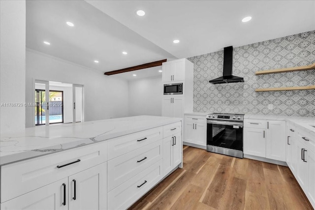 15020 NE 7th Ave, Miami, FL 33161 - kitchen featuring tasteful backsplash, light wood finished floors, wall chimney exhaust hood, appliances with stainless steel finishes, and light stone countertops
