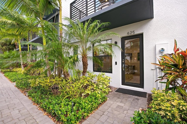 view of exterior entry featuring stucco siding
