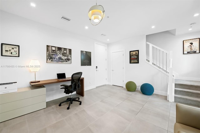 office area with baseboards, recessed lighting, visible vents, and light tile patterned floors