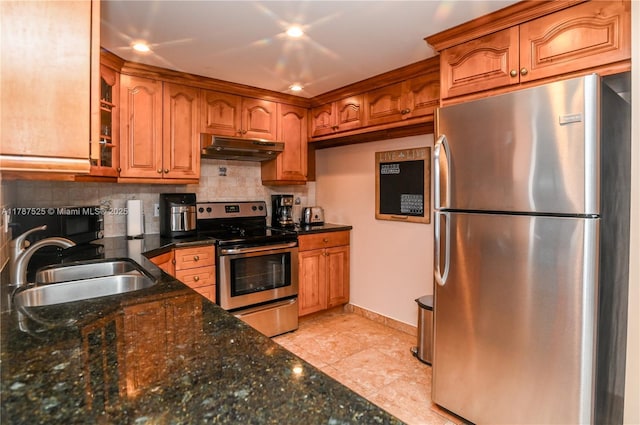 kitchen with brown cabinets, under cabinet range hood, stainless steel appliances, and a sink