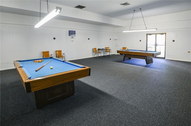 game room featuring visible vents, baseboards, pool table, and carpet