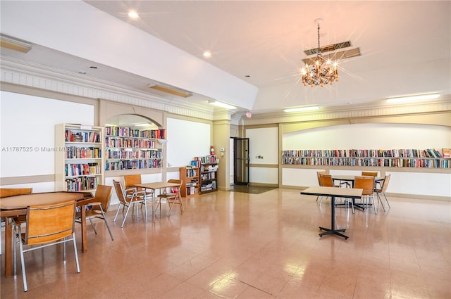 game room featuring recessed lighting, visible vents, and ornamental molding