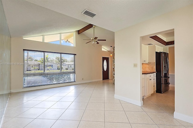 3971 NW 108th Dr, Coral Springs, FL 33065 - unfurnished living room featuring visible vents, a ceiling fan, light tile patterned floors, beam ceiling, and baseboards