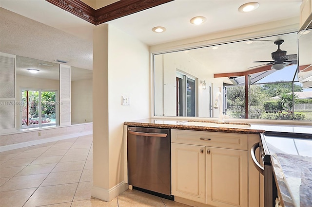 3971 NW 108th Dr, Coral Springs, FL 33065 - kitchen featuring dishwasher, a ceiling fan, baseboards, and light tile patterned floors