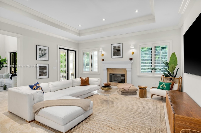 1672 Micanopy Ave, Miami, FL 33133 - living area with a fireplace, a raised ceiling, ornamental molding, and recessed lighting