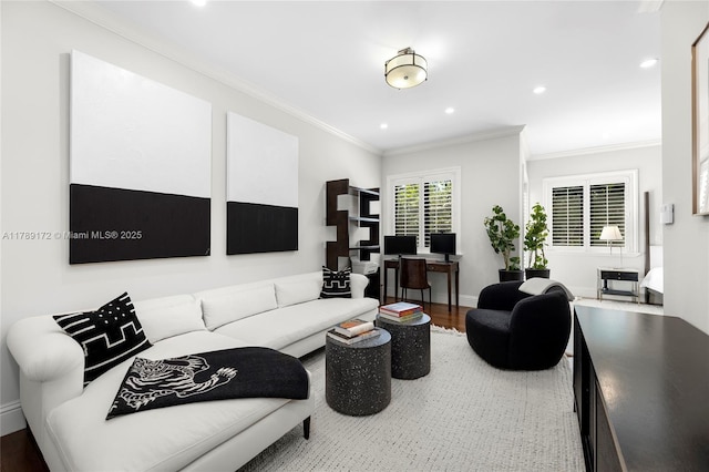 1672 Micanopy Ave, Miami, FL 33133 - living area with wood finished floors, crown molding, recessed lighting, and a desk