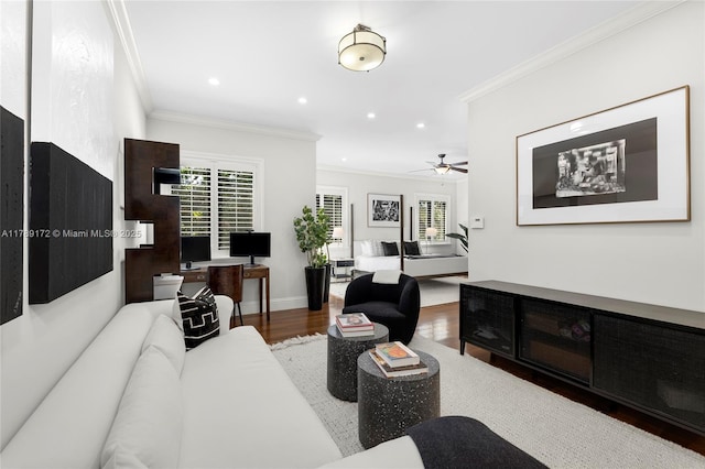 1672 Micanopy Ave, Miami, FL 33133 - living area featuring wood finished floors, ornamental molding, recessed lighting, and ceiling fan