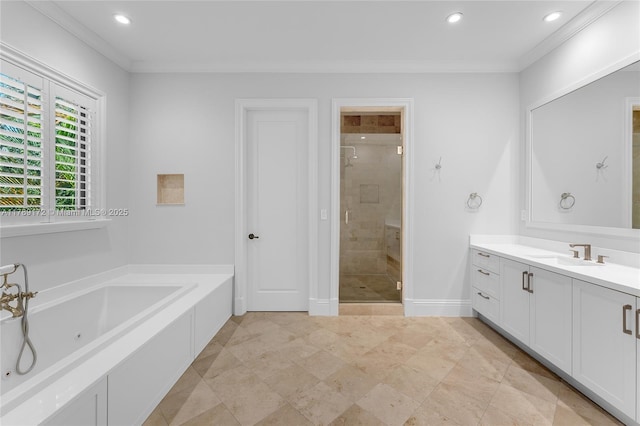1672 Micanopy Ave, Miami, FL 33133 - bathroom with vanity, a stall shower, a whirlpool tub, crown molding, and recessed lighting