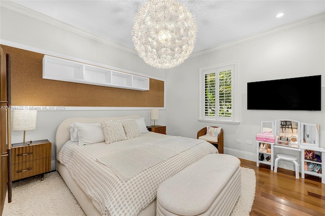 1672 Micanopy Ave, Miami, FL 33133 - bedroom with wood finished floors, ornamental molding, a chandelier, and recessed lighting