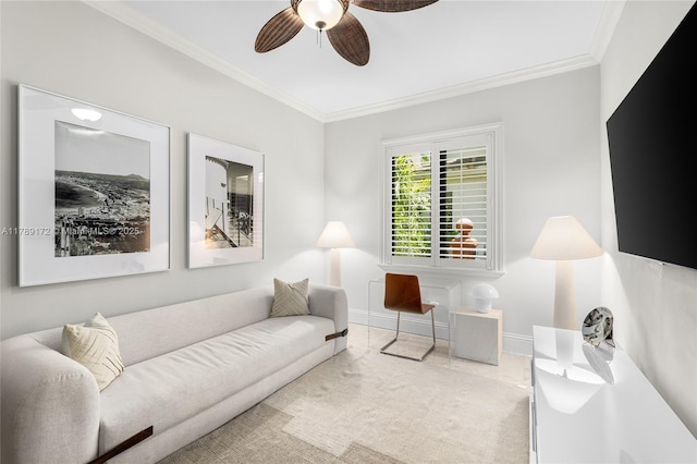 1672 Micanopy Ave, Miami, FL 33133 - living room with a ceiling fan, ornamental molding, and carpet