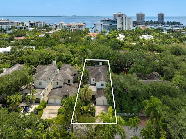 1672 Micanopy Ave, Miami, FL 33133 - aerial overview of property's location featuring a large body of water and property parcel outlined