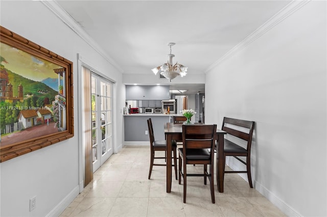 8350 SW 98 Th St, Miami, FL 33156 - dining area featuring baseboards, crown molding, and an inviting chandelier