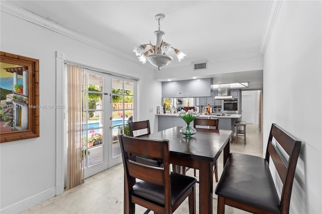 8350 SW 98 Th St, Miami, FL 33156 - dining room featuring french doors, baseboards, visible vents, a notable chandelier, and ornamental molding