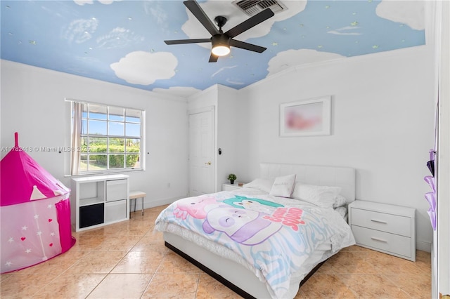 8350 SW 98 Th St, Miami, FL 33156 - tiled bedroom featuring visible vents, ceiling fan, and crown molding
