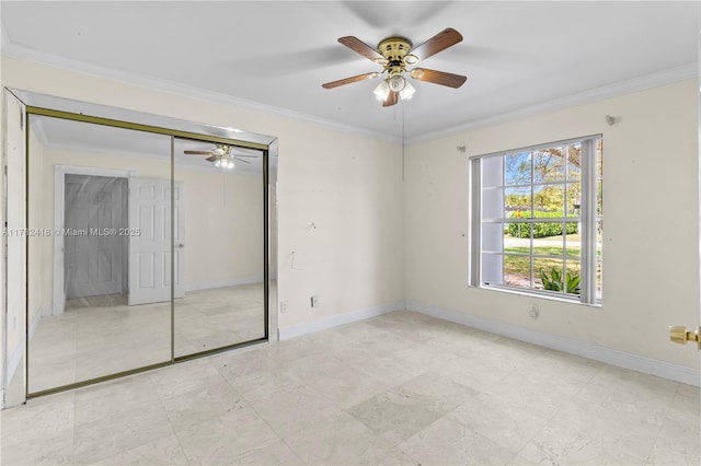 8350 SW 98 Th St, Miami, FL 33156 - unfurnished bedroom featuring a ceiling fan, baseboards, a closet, and ornamental molding