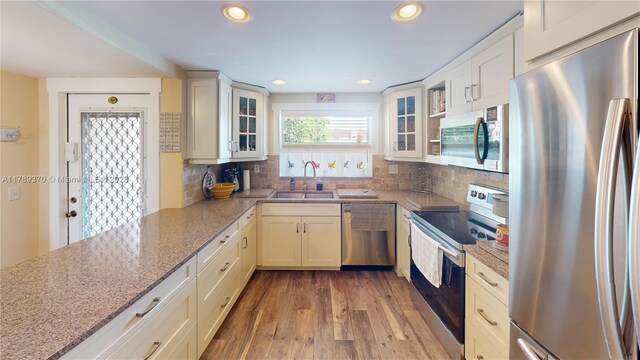 9681 Sunrise Lakes Blvd Unit 209, Sunrise, FL 33322 - kitchen with tasteful backsplash, a sink, stainless steel appliances, light wood-style flooring, and light stone countertops