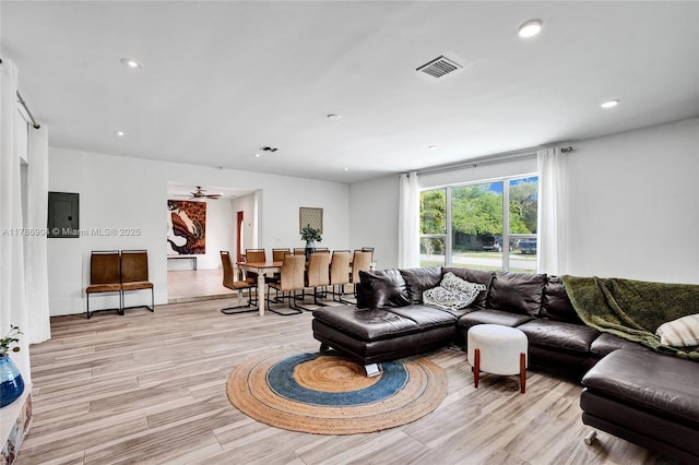 3411 SW 36th St, West Park, FL 33023 - living area featuring light wood-style flooring, electric panel, recessed lighting, and ceiling fan