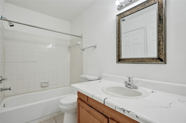 full bathroom featuring toilet, tile patterned flooring, bathing tub / shower combination, and vanity