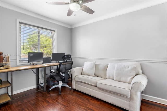 office featuring crown molding, baseboards, a ceiling fan, and wood finished floors