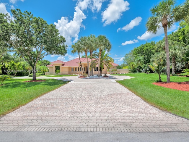 mediterranean / spanish-style house featuring decorative driveway, a front yard, and stucco siding