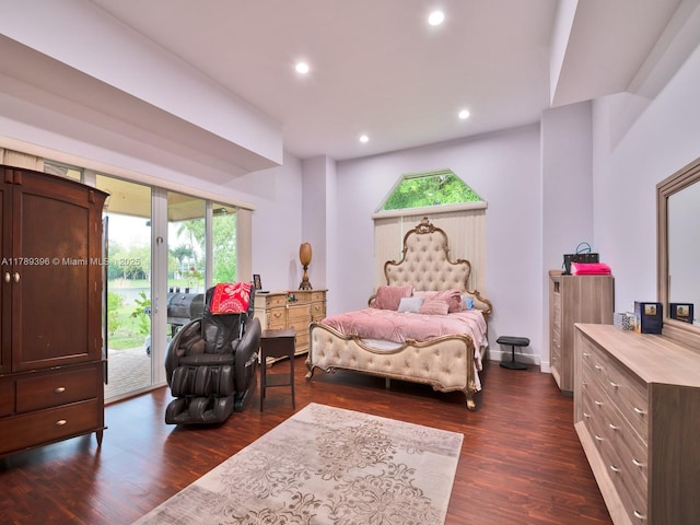 bedroom with access to exterior, dark wood finished floors, and recessed lighting