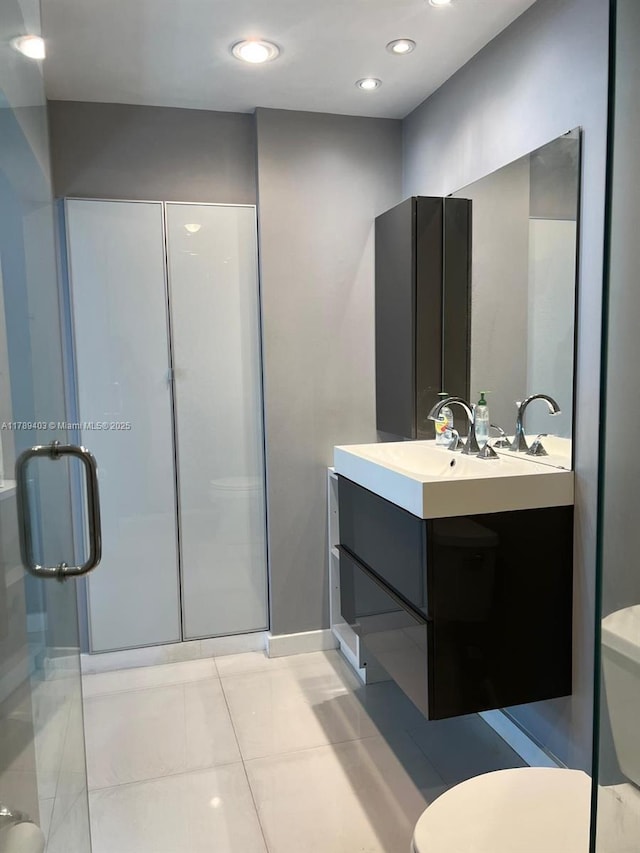 7522 SW 6th St, North Lauderdale, FL 33068 - bathroom with vanity, a stall shower, tile patterned flooring, and recessed lighting