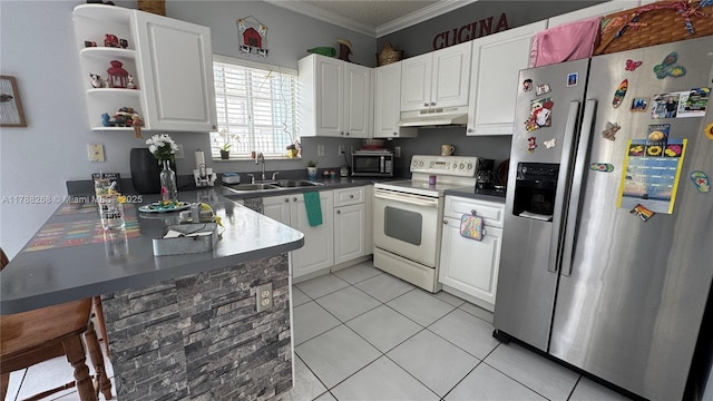 12222 SW 148th St, Miami, FL 33186 - kitchen with stainless steel appliances, under cabinet range hood, ornamental molding, a sink, and a peninsula