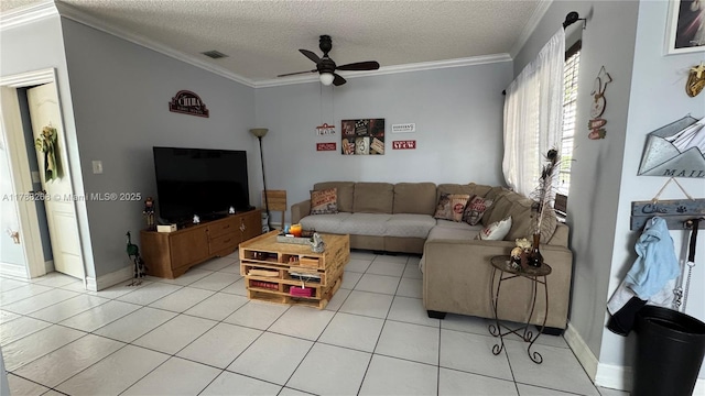 12222 SW 148th St, Miami, FL 33186 - living room featuring light tile patterned floors, a textured ceiling, visible vents, and ceiling fan