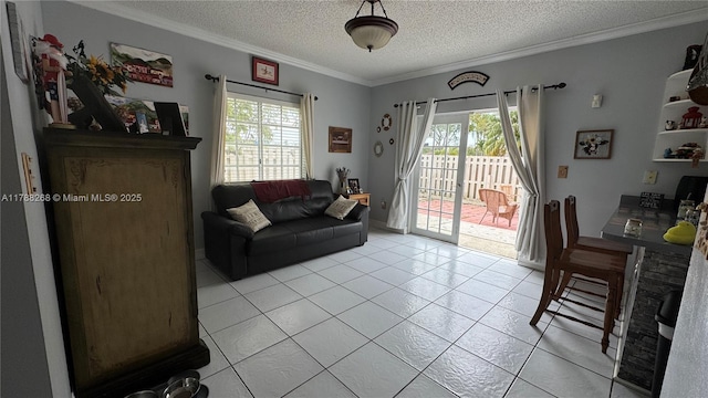 12222 SW 148th St, Miami, FL 33186 - living room with light tile patterned floors, a textured ceiling, and crown molding