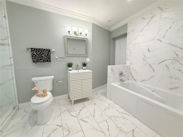full bath with marble finish floor, toilet, ornamental molding, a bath, and baseboards