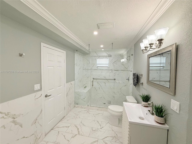 bathroom with a textured ceiling, a marble finish shower, vanity, marble finish floor, and toilet