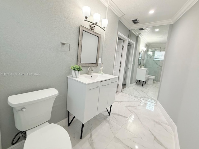 bathroom with marble finish floor, visible vents, toilet, a marble finish shower, and ornamental molding