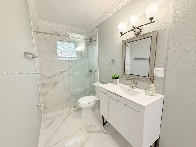 bathroom with crown molding, a marble finish shower, vanity, marble finish floor, and toilet