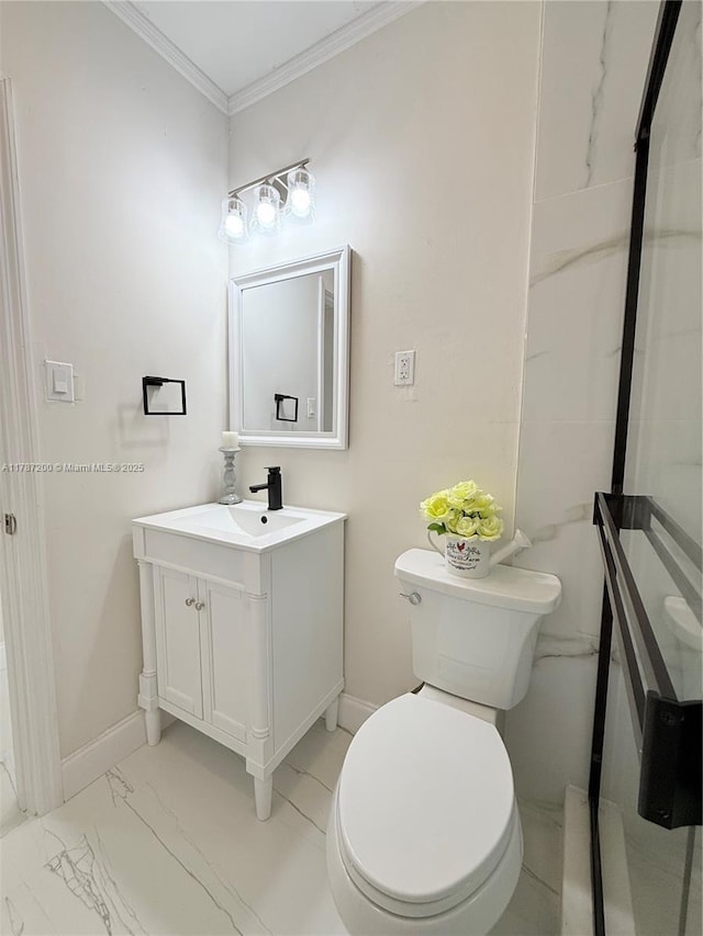 bathroom with baseboards, marble finish floor, vanity, and toilet