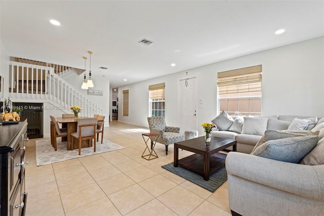 14637 SW 15th St, Pembroke Pines, FL 33027 - living area featuring stairway, light tile patterned floors, and recessed lighting