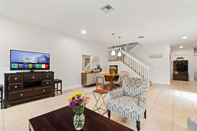 14637 SW 15th St, Pembroke Pines, FL 33027 - living area with stairs, light tile patterned flooring, baseboards, and recessed lighting
