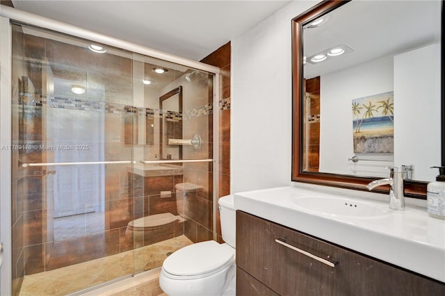 2671 S Course Dr Unit 409, Pompano Beach, FL 33069 - full bath featuring a stall shower, vanity, recessed lighting, and toilet