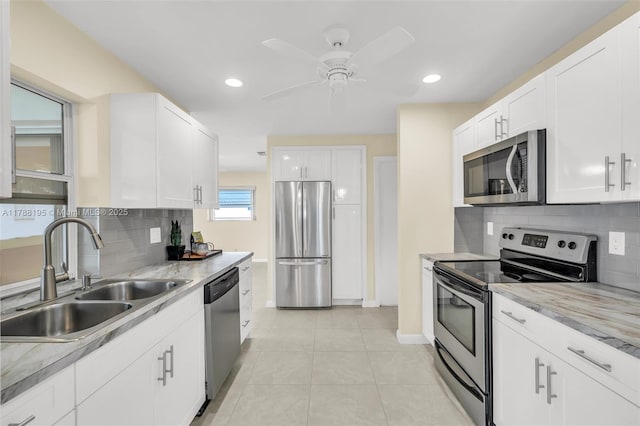 kitchen featuring white cabinets, stainless steel appliances, a sink, and tasteful backsplash