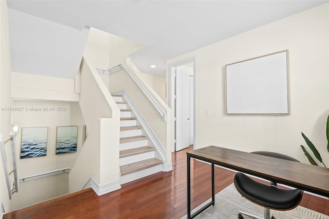 office space with recessed lighting, wood finished floors, and baseboards