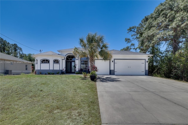 3007 W 8th St, Lehigh Acres, FL 33971 - view of front of house featuring a garage, cooling unit, driveway, a front yard, and stucco siding