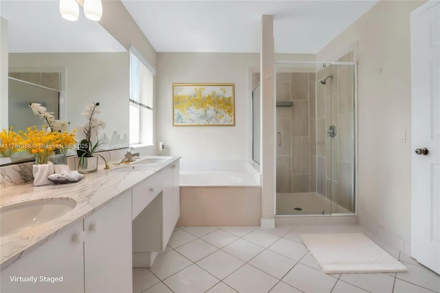 1042 Bluewood Ter, Weston, FL 33327 - bathroom with a shower stall, a bath, double vanity, and tile patterned flooring