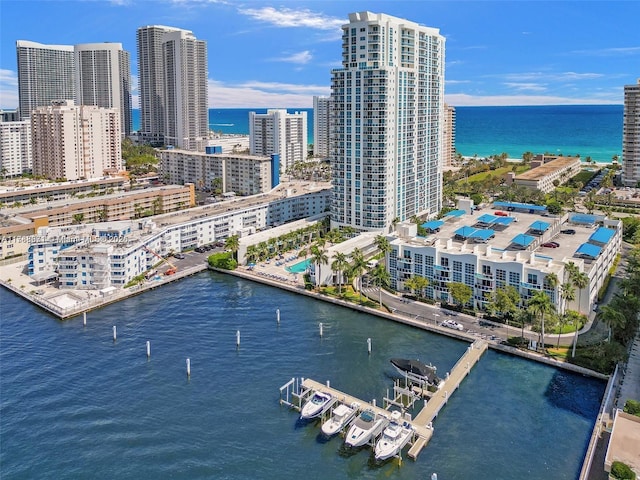 drone / aerial view with a city view and a water view