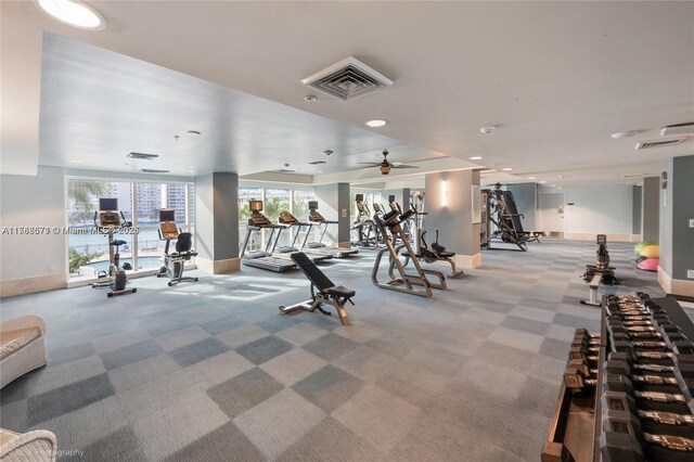 1945 S Ocean Dr Unit 401, Hallandale Beach, FL 33009 - gym with light carpet, ceiling fan, and recessed lighting