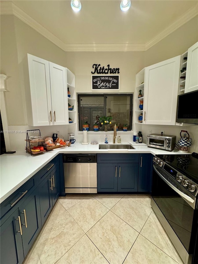 15357 SW 43rd Ter, Miami, FL 33185 - kitchen with stainless steel appliances, open shelves, a sink, white cabinetry, and crown molding