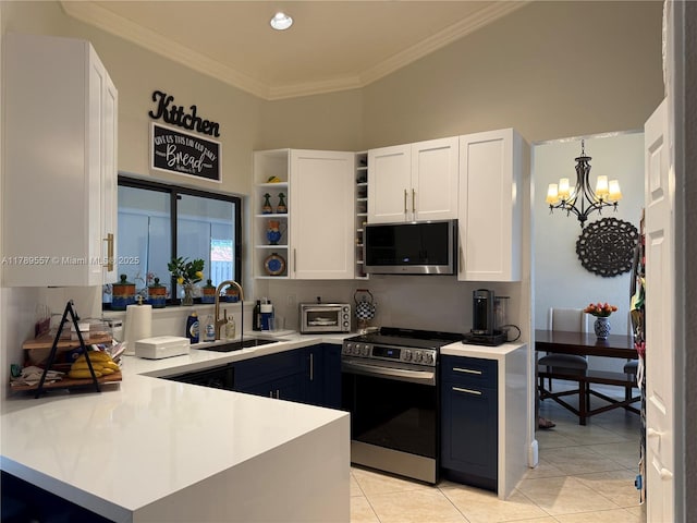 15357 SW 43rd Ter, Miami, FL 33185 - kitchen with appliances with stainless steel finishes, a sink, a chandelier, open shelves, and ornamental molding