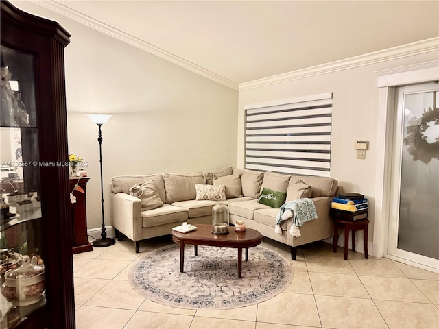 15357 SW 43rd Ter, Miami, FL 33185 - living room featuring light tile patterned floors, ornamental molding, baseboards, and vaulted ceiling