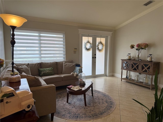 15357 SW 43rd Ter, Miami, FL 33185 - living area with french doors, light tile patterned floors, ornamental molding, and baseboards