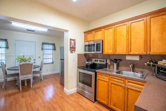kitchen with light wood finished floors, a sink, baseboards, brown cabinetry, and appliances with stainless steel finishes