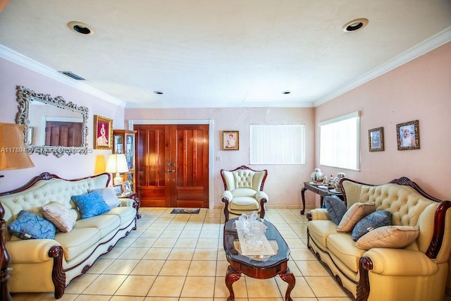 living room featuring recessed lighting, visible vents, crown molding, and light tile patterned floors